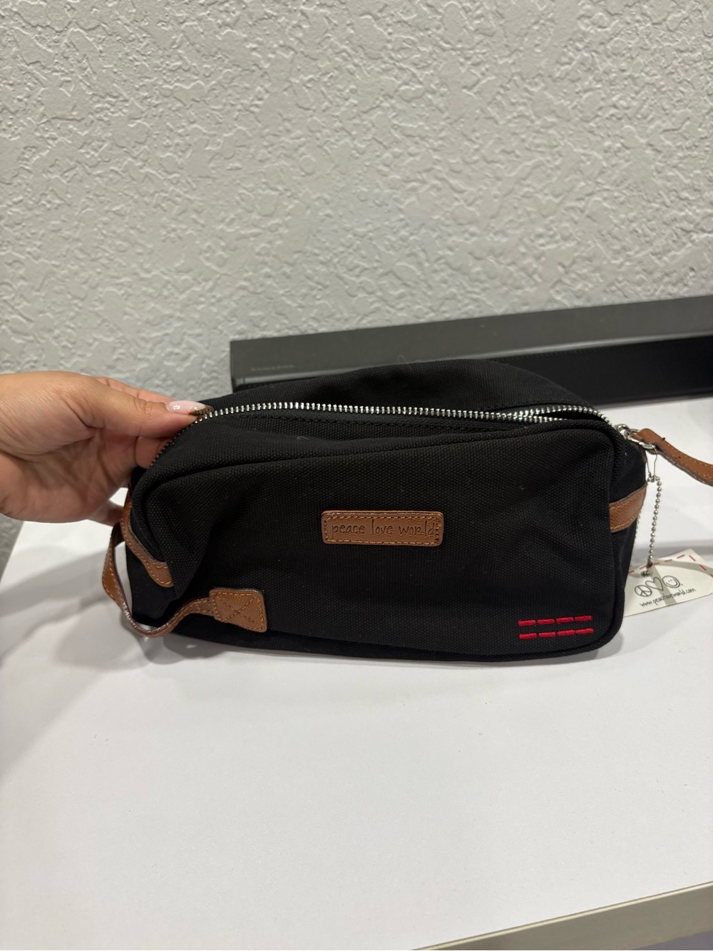 Peace Love World Black Canvas Cosmetic Case with Tan Accents